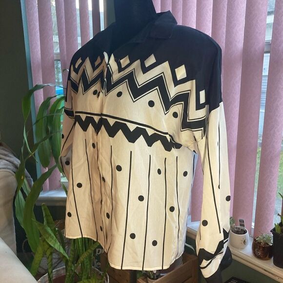 6P Rafaella Petites vintage black & white geometric long sleeve button up blouse - Picture 4 of 8
